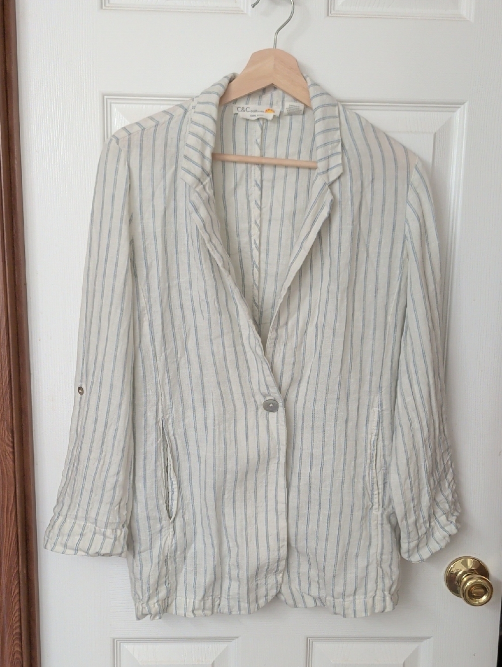 C&C California Cream Blazer with Blue And Green Pinstripes